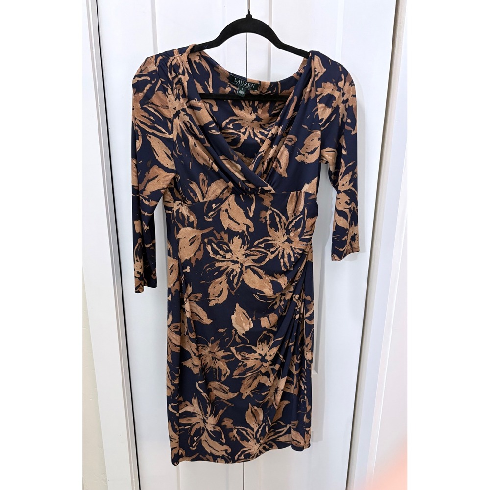 Lauren Ralph Lauren Navy Tan Floral Ruched Surplice Sheath Dress 6